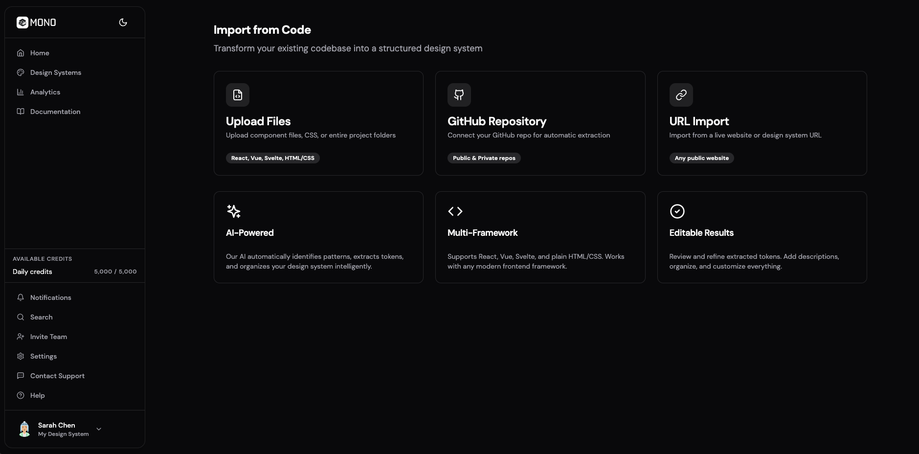 Import from Code feature screen with method options.